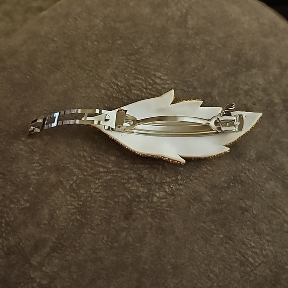 HANDMADE Fairycore White and Gold Beaded Feather Leaf Barrette